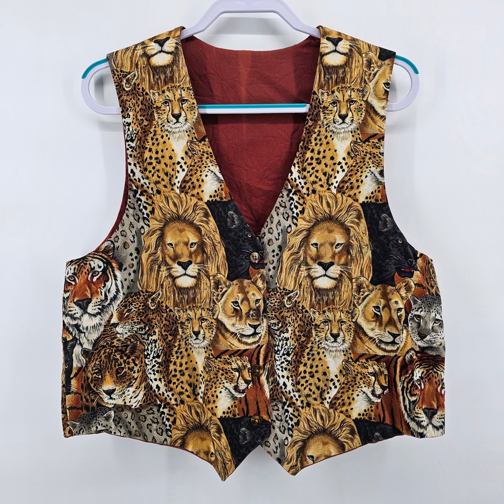 Handmade Big Cat Animal Print Vest Womens L Multicolor Lion Tiger Leopard 90s
